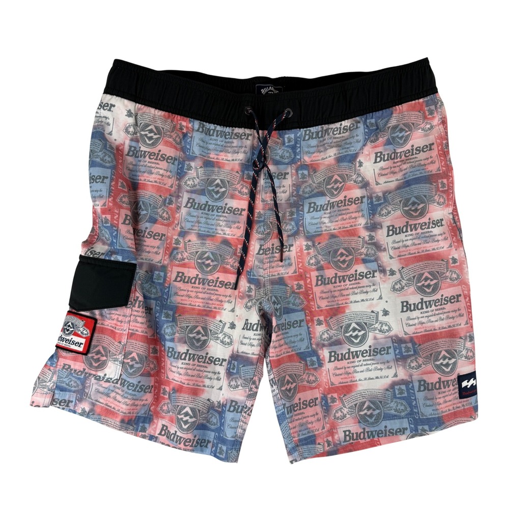 Billabong Board Shorts Mens Large‎  Budweiser Label Print Swim Trunks 7" Inseam